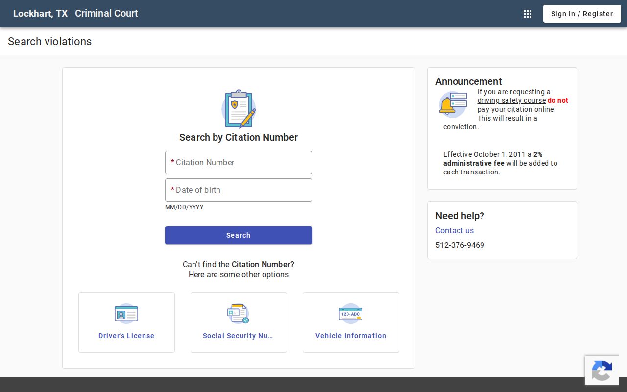 Lockhart warrant and citation lookup fields for name, license, vehicle, and business