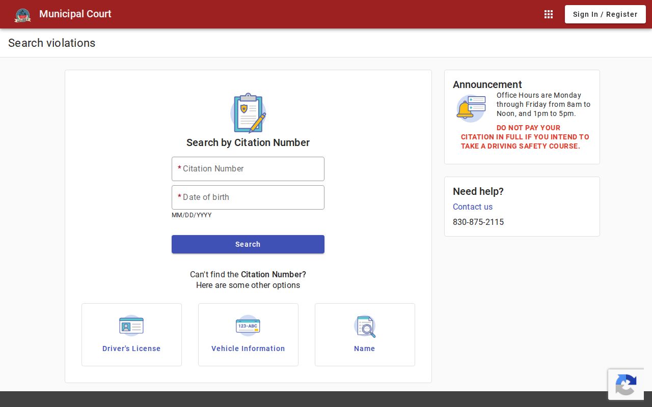 Luling warrant and city citation search fields in the municipal court portal