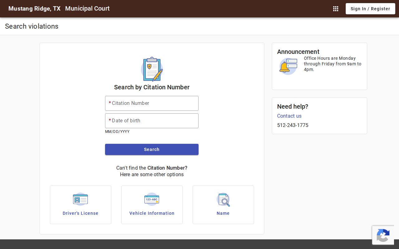 Mustang Ridge warrant search form fields for a municipal court case