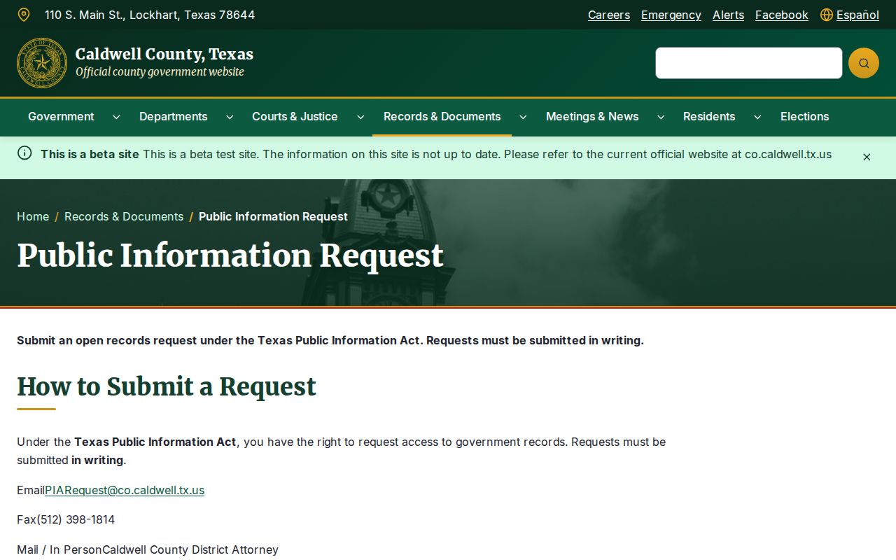 Caldwell County written records request route for warrant records